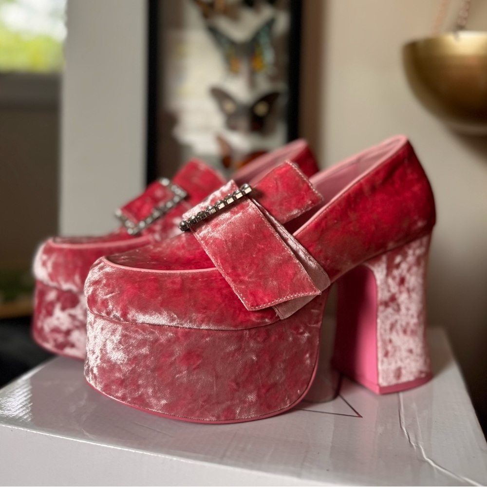 Pink Crushed Velvet Platform Loafers YRU Deelite Qrystal Size 8